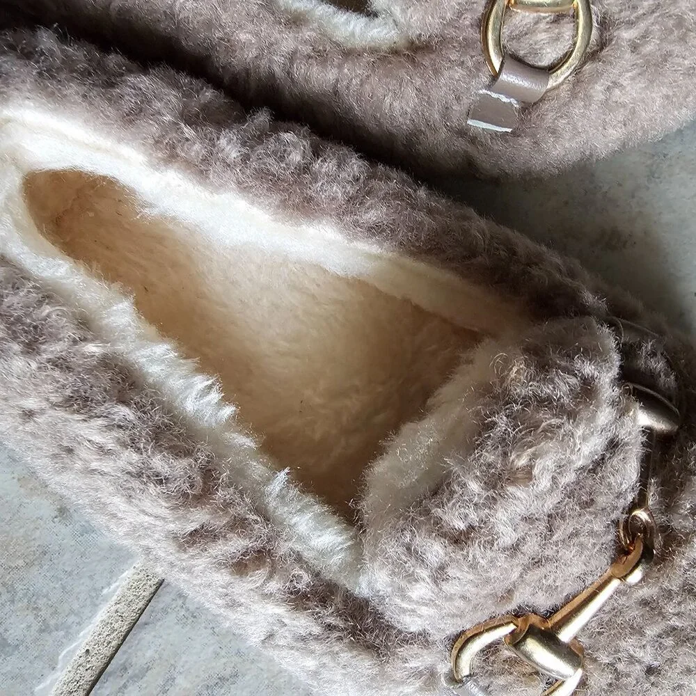 CVOI'S Kids Girls Khaki Warm Faux Shearling Loafers Winter Flat‎ Shoes Size 23